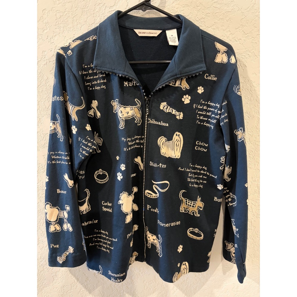 Drapers & Damons Navy Blue Dog Breed Print Rhinestone Zip Sweatshirt Jacket M